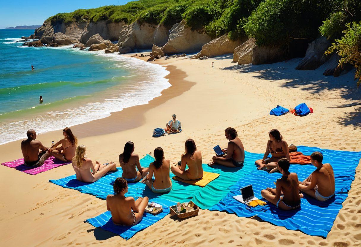 A serene beach setting with diverse individuals embracing nudism while engaging in different income-generating activities, like digital nomadism with laptops, crafting organic products, and trading art by the shore. The scene features natural surroundings, bright sunshine, and a clear blue sky, portraying a sense of community and freedom. The figures are portrayed in a tasteful and respectful manner, celebrating body positivity and creativity. vibrant colors. super-realistic.